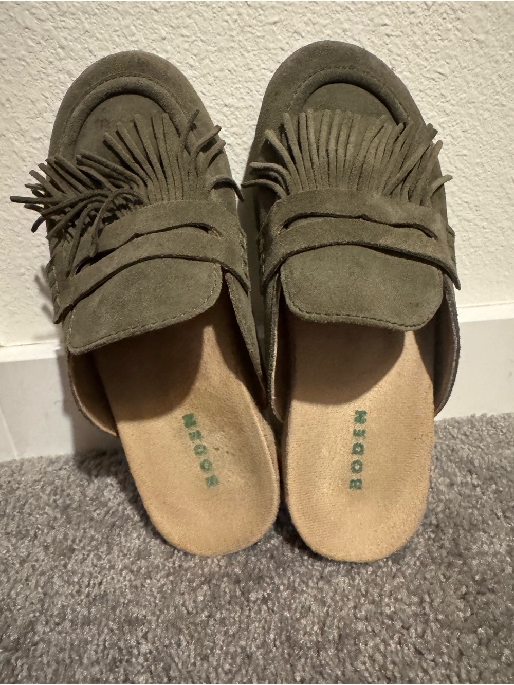 Boden Olive Suede Fringe Slip-On Loafers